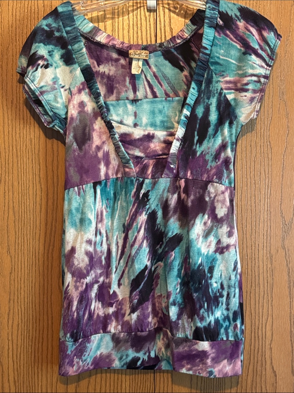 Daytrip Teal and Purple Tie-Dye Short Sleeve V-Neck Top